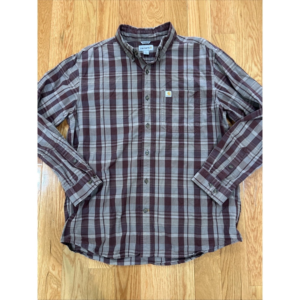 Carhartt Men's Relaxed Fit Button Up Shirt Large Brown Plaid Long Sleeve Work